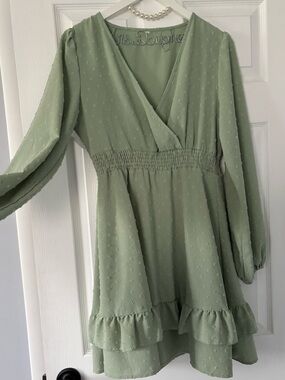 Sage Green Ruffle Hem V-Neck Mini Dress